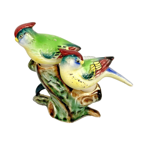 Vintage Salt & Pepper Shakers Set Birds on Branch 3pc Set Porcelain Decorative - Picture 2 of 8